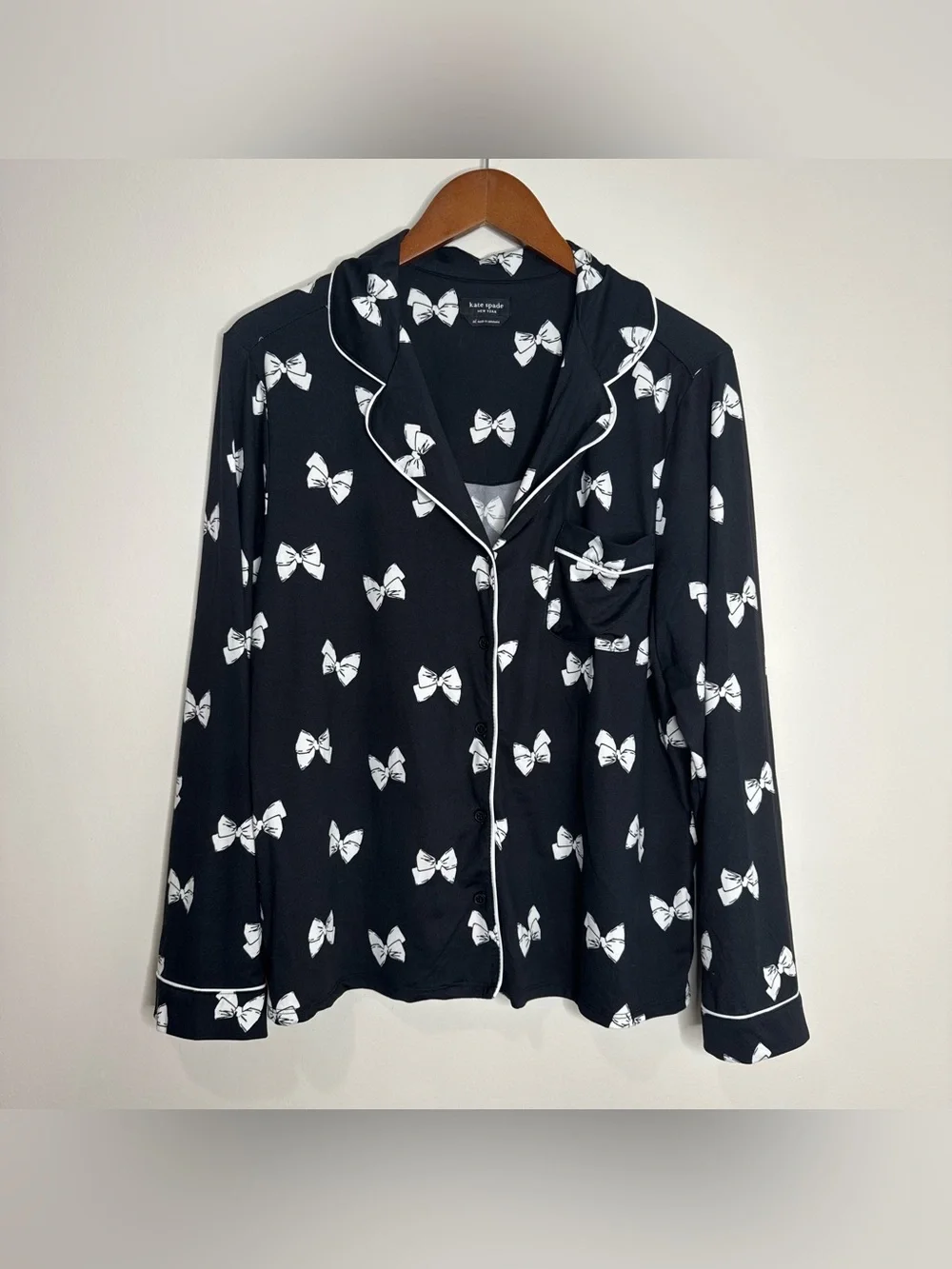 Kate Spade Black and White Bow Printed Button Up Pajama Set Wide Leg Size XL